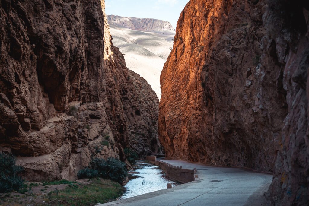 Narrow road through the dades gorge valley canyon, atlas mountains in morocco